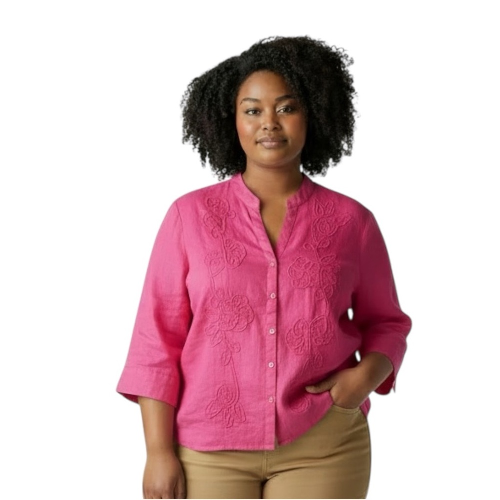 CHARTER CLUB Petites 100% Linen Floral Embroidered Top in Fuchsia Size 12PETITE - Picture 2 of 9